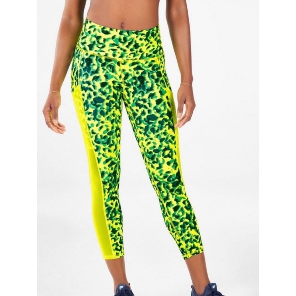 Fabletics Powerhold High Waisted Mesh Leopard Print Leggings Neon Yellow Green